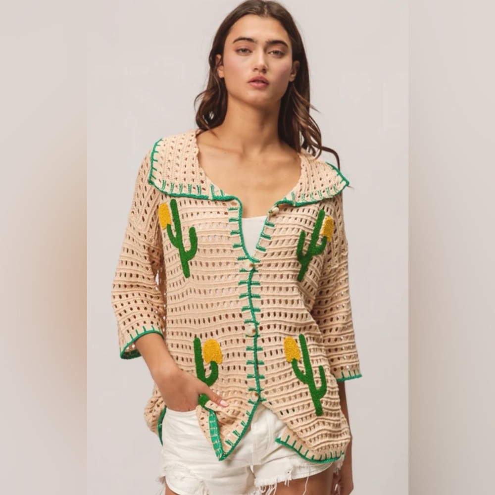 Bibi Edge Stitched Cactus Patch Sweater Crochet S… - image 2